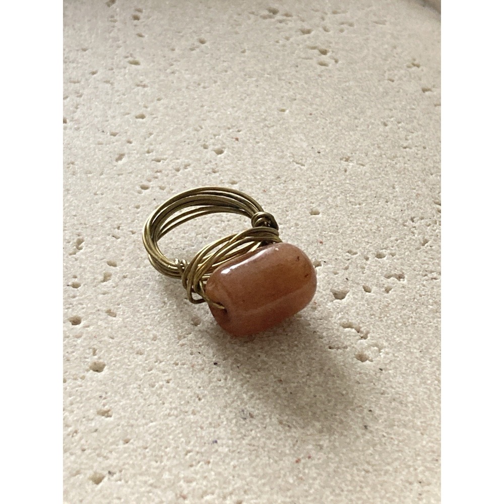 Artisan Style Wire Wrapped Ring Size 7 Tarnished Gold Tone In Earthy Peach Boho